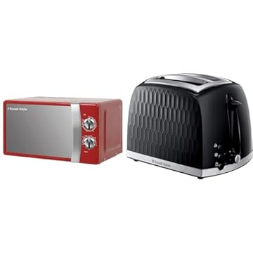 Russell Hobbs RHMM701R 17 Litre 700 W Red Solo Manual Microwave with 5 Power Levels, Ringer & Timer & 26051 Cordless Electric Kettle - Contemporary Honeycomb Design