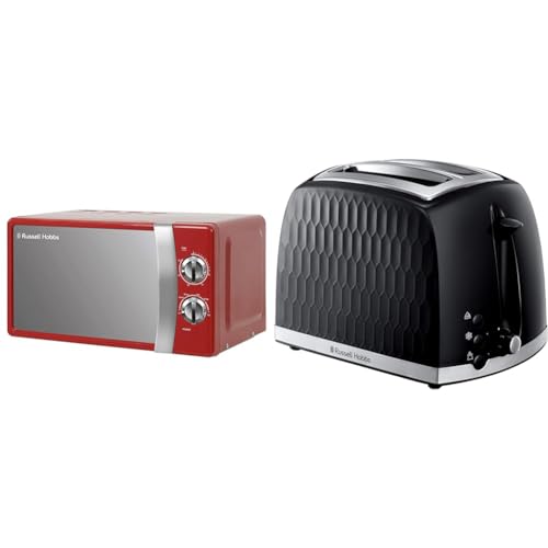 Russell Hobbs RHMM701R 17 Litre 700 W Red Solo Manual Microwave with 5 Power Levels, Ringer & Timer & 26051 Cordless Electric Kettle - Contemporary Honeycomb Design