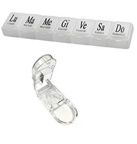 Ausili per Mobilità e Vita Quotidiana Organizzatori di Pillole e Aiutanti Porta Pillole Settimanale 7 Scomparti + Taglia Pillole con Lama in Acciaio INOX, Serie di Combinazioni Pratiche