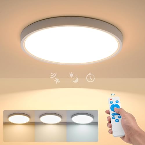 Leelike Plafón con Sensor de Movimiento, 24W Lampara Techo con Mando a Distancia y Sensor Crepuscular, Plafon LED Techo, IP44 Moderna Lampara de Techo Redonda para Pasillos Escaleras Baño, Ø30CM