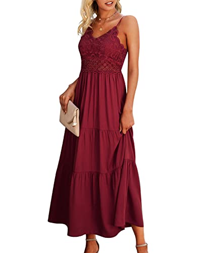 Dokuritu Wine Dress for Women Beach Crochet Lace Maxi Dress Summer Spaghetti Strap Maxi Dress