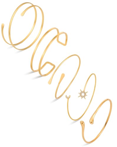 Gold Arm Cuff Jewelry Accessories for Women - 5Pcs Adjustable Open Upper Arm Cuff Bracelet Bangle Armlet Set for Party