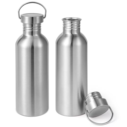 Volhoply 32oz Uninsulated Single Walled Water Bottle 2 Pack, Stainless Steel Reusable Water Bottles with Handle, BPA Free & Plastic Free 18/8 304 Metal Water Bottles for Camping, Hikers, Cyclists