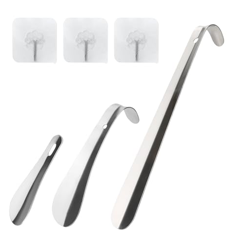 Nadinsta 3 Pezzi Calzascarpe Lungo Metallo con Occhiello, 30/16/10cm Acciaio Inossidabile Shoe Horn, Stabile Lungo Shoe Horn per Adulti, Uomini, Donne, Adatte per Tutte le Scarpe Facile da Usare