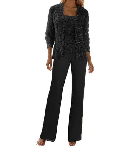 Image of 3 Pieces Chiffon Lace Mother of The Bride Pant Suits with Jackets Sequins Wedding Guest Dresses for Women