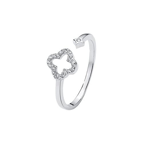 Hollow Four Leaf Clover Stacking Ring 925 Sterling Silver Crystal Cubic Zirconia Cross Open Adjustable Statement Knuckle Finger Rings Promise Eternity Bands Dainty Jewelry Gifts for Women