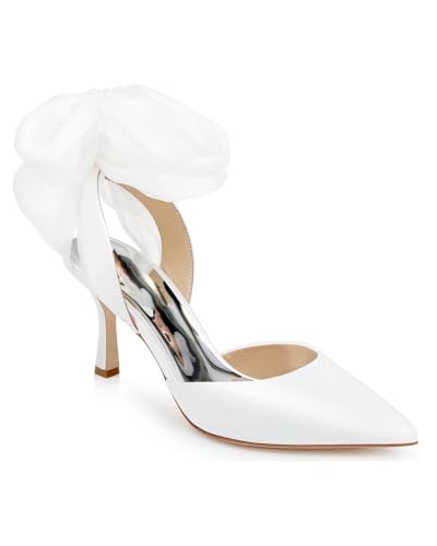 Image of Womens Lace up Satin Heels Bow Pointed Closed Toe Bridal Dress Shoes Low Heel Wedding Elegant Pumps