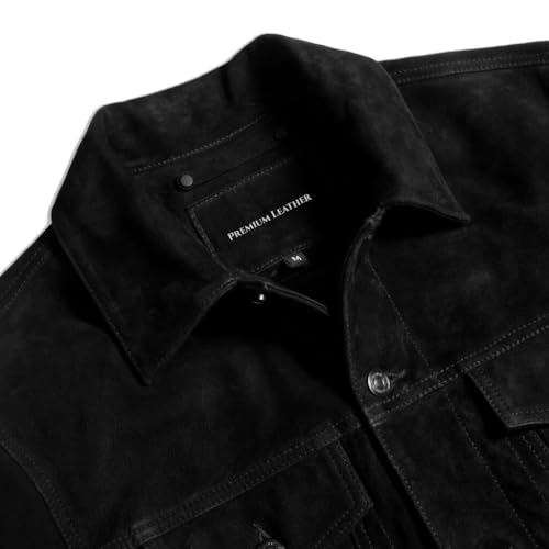 Image of Isaac & David Chicago Men's Vintage Trucker Suede Leather Jacket - Denim Biker Cafe Racer Causal Western Cowboy Jacket
