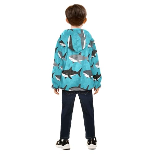 Cute Shark Pattern on Blue Toddler Fleece Jacket Girl Boys Hooded Fleece Jacket Coat Warm Outwear Zip-up 3-10T4