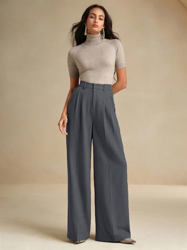 Image of KOTTY Women's High Waist Solid Color Hook and Bar Wide Leg Trousers Loose Comfort Trouser with Pockets