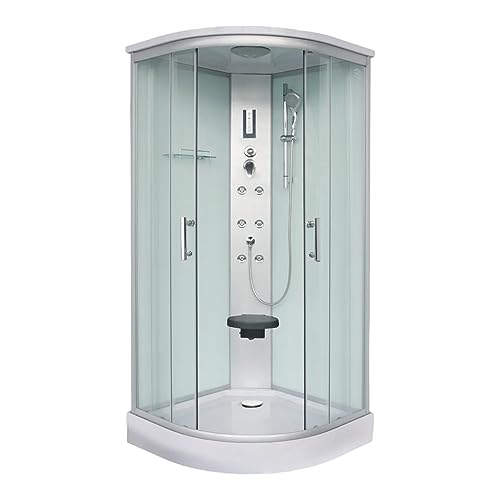 Sanotechnik Komplettduschkabine Scala 90 x 90 x 215 cm, Mit Radio, 2 Schiebetüren, Dusche mit Kopf- und Handbrause, Massagedüsen, Komplettdusche mit Duschwanne, Sitz aufklappbar, Dusche komplett