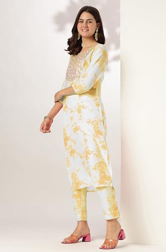 Image of Janasya Women's Yellow Silk Blend Tie & Dye Yoke Embroidered Straight Kurta Pant Set
