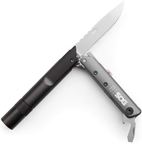 SOG Multitool EDC Pen Light - Baton Q2 LED Flashlight with EDC Knife and Screwdriver Multi Tool with Pocket Clip for Emergency Kit (ID1011-CP)