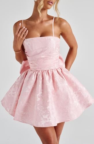 GUKARLEED Jacquard Satin Homecoming Dresses for Teens with Bow Puffy Spaghetti Straps Mini HOCO Dress A-line Short Prom Dress3