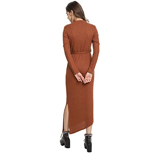 Image of Women Brown Asymmetric Maxi Dress with Side Slit and Belt