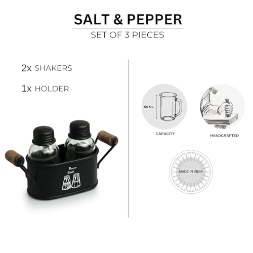 Image of ExclusiveLane 'Mason Bottle' Glass Salt Pepper Set for Dining Table with Iron Holder (Set of 2, 60 ML) | Salt and Pepper Container for Dinning Table Salt and Pepper Dispenser Salt and Pepper Shaker