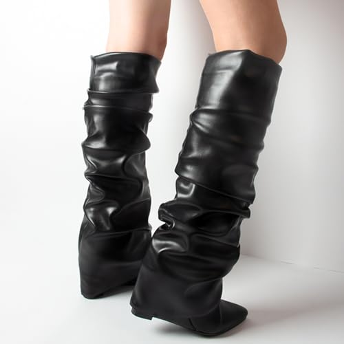 Image of Fold Over Boots Women's Knee High Shark Boots Round Toe Wedge Heel Flat Shoes for Fall Winter Dress Shoes