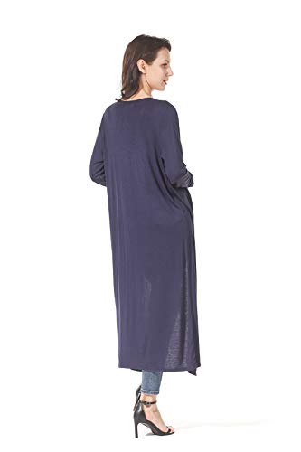 Image of Women's Solid Sweater Essential Duster Long Cascading Open Front Lightweight Blue Cardigan