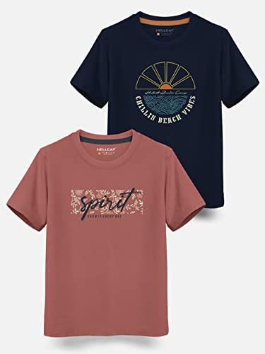 Image of HELLCAT Boys Round Neck Printed Blended Cotton Tshirt -Combo Pack of 2 - Orange /Blue