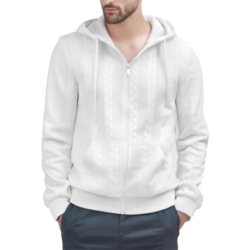 Men's Winter Zipper Jacquard Hoodie Casual Thickened Fleece Sweatshirt with Drawstring Sporty Fashion Hooded