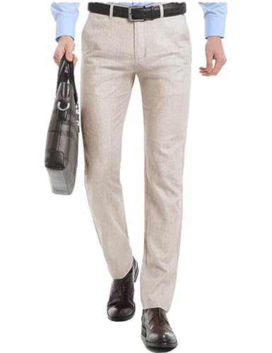 Mens Casual Linen Pants Flat Front Classic Fit Beach Trousers Summer Dress Pants2