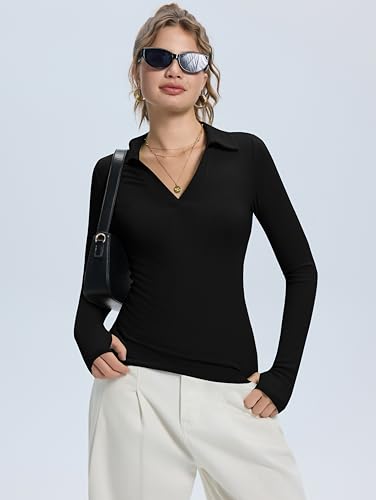 LOMON Womens Pullover Sweaters Y2K Going Out Tops Deep V Neck Polo Shirt Thumb Holes Ribbed Long Sleeve Tops for Women3