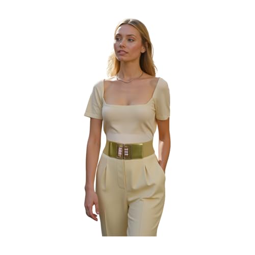 Women Gold Elastic Fashion Belt - Hip High Waist Bling Metal Square Buckle Size S M z0893