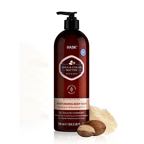 HASK SHEA + COCOA BUTTER Body Wash- Moisturizing, vegan formula, hypoallergenic, dermatologist tested, pH balanced- 24.5 oz Bottle