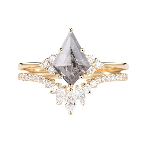 ADLSTIGH Kite Cut Salt and Pepper Diamond Engagement Ring Set S925 10K 14K 18K Gold 1.25 CT Salt and Pepper Diamond and Moissanite Wedding Rings for Women Classic Promise Bridal Set Free Engraving
