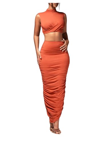 Women's Sexy 2 Piece Outfits Solid Mock Neck Criss Cross Crop Top Tank Top and Ruched Maxi Skirt Bodycon Skirt Sets4