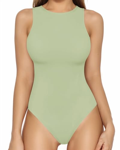 Image of MANGOPOP Women's Tank Top Bodysuit Crew Neck Sleeveless Racerback Halter Ribbed Body Suits Sexy Summer Going Out Tops