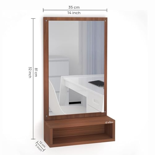 Image of Anikaa Jinny Engineered Wood Dressing Wall Mirrors Wall Hanging Mirrors with Shelf Decorative Wall Mirror Dressing Table for Bedroom Living Room (Walnut) Matte Finish, Rectangular