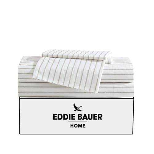 Image of Eddie Bauer - King Sheet Set, Cotton Percale Bedding Set, Super Soft and Bedding Set, Oeko-Tex Certified (Essential Stripe Beige, King)