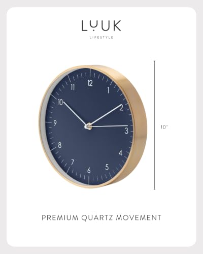 LUUK LIFESTYLE Modern Silent Quartz Wall Clock, 10in, Dark Blue & Gold - Image 2