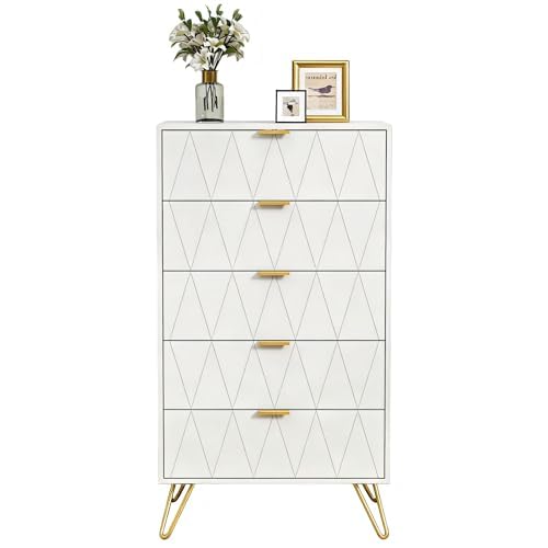 UEV Komoda z 5 szufladami, 60 x 34 x 110 cm, komoda do przechowywania, nowoczesna szafa, wysoka szafka, komoda z szufladami, wąska komoda, szafa do salonu, sypialni, przedpokoju (biała)