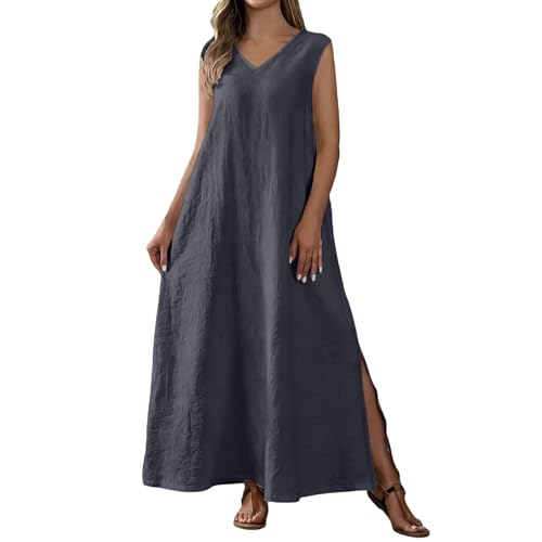 Robe fendue décontractée sans manches longue et fluide de couleur unie pour femme