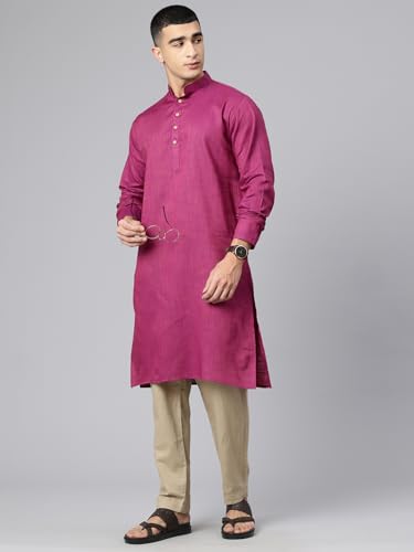 Image of Majestic Man Men's Cotton Regular Fit Traditional Mandarin Collar Ethnic Motifs Solid Long Kurta