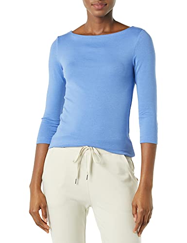 Amazon Essentials Camiseta Ajustada de Manga 3/4 con Cuello Barco para Mujer, Color Azul, Talla M