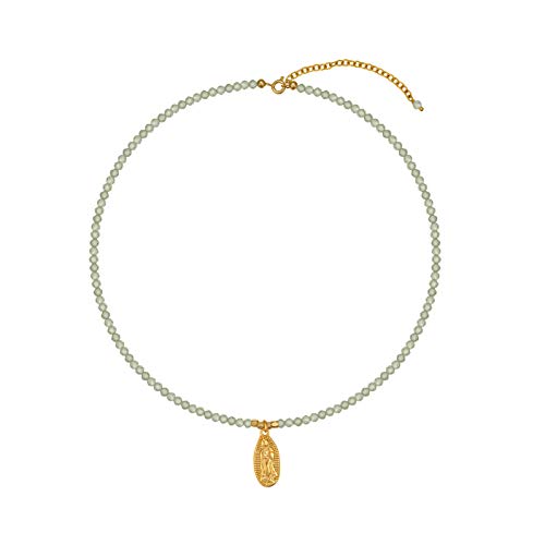 Semi Precious Stone Beaded Short Choker Necklace for Women, Natural Gemstone Beaded Choker Necklace for Teen Girls (Virgin Mary Coin)