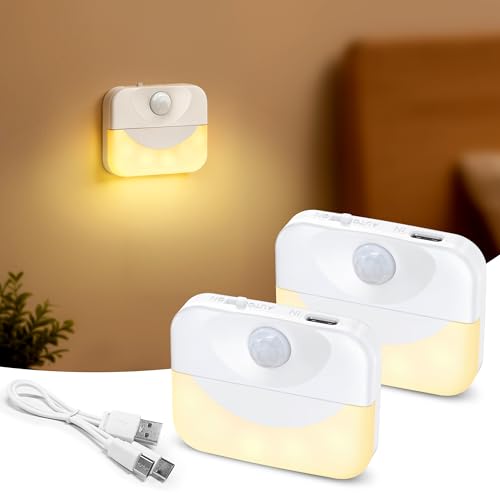 ZAPOGO 2 Pack Rechargeable Motion Sensor Stair Light for Indoor Warm White LED Night Light Wireless Stick on Anywhere Hallway Lamp Motion Activated Lamps for Step Cabinet Hallway Bathroom