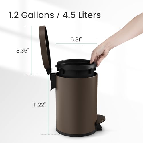Image of Cesun 1.2 Gallons Small Brown Trash Can, Bathroom Garbage Can with Lid and Foot Pedal, Mini Round Wastebasket for Bathroom, Bedroom, Office, 4.5 Liters / 1.2 Gallons, Brown