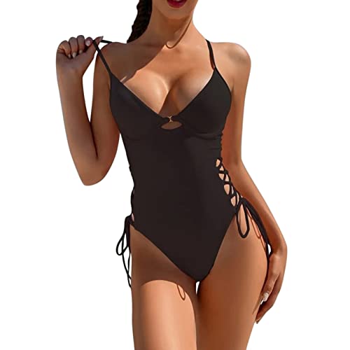 Generico Traje de baño de una pieza para mujer traje de piscina mujer con cuello en V Sling ajustable bikini push up acolchado sujetador elegante monokini vientre traje de baño mujer negro, Negro , M