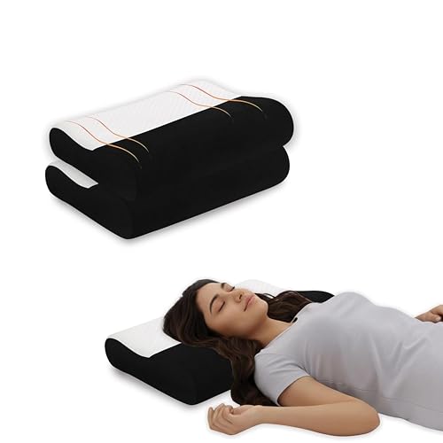 Image of Neck Support Pillow Set of 2, Memory Foam Cervical Contour with Inner Cover for Hygiene, Breathable Jacquard Velvet Case, Black, 9 cm 12 cm Heights, 60 x 35 cm