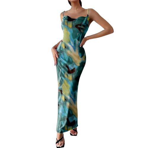 Image of Women's Spaghetti Strap Maxi Dress Floral Print Bodycon Long Dress Summer Beach Vacation Wedding Guest Outfits