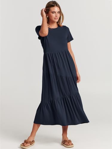 Image of ANRABESS Women Summer Maxi Dress Short Sleeve Swing Casual Asymmetric Tiered Vacation Long Beach Sundress Outfits Navy Blue Small