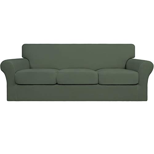Image of Easy-Going 4 Pieces Stretch Soft Couch Cover for Dogs - Washable Sofa Slipcover for 3 Separate Cushion Couch - Elastic Furniture Protector for Pets, Kids (Sofa, Greyish Green, Large) | Sofa Slipcover for Stretch 3 Separate Sectional Cushion Couch - Furniture Protector for Pets, Kids Greyish Green