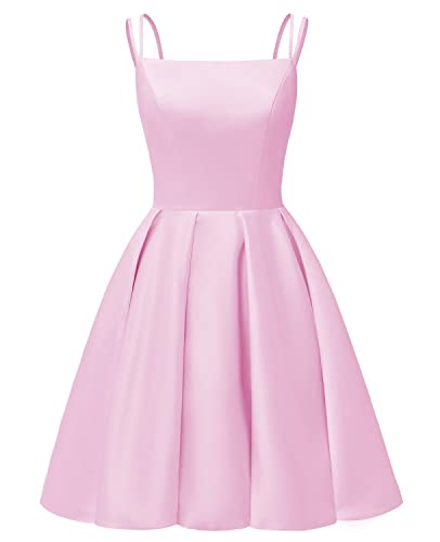 Image of Tianzhihe Satin Homecoming Dresses for Teens 2026 Spaghetti Straps A-line Square Neck Short Cocktail Party Dress with Pockets