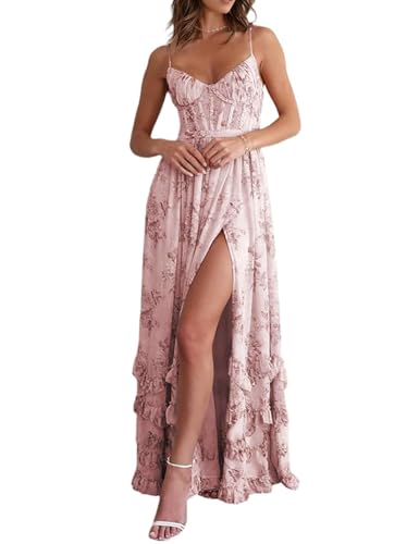 Infuness Damen Blumenkleid Brautjungfernkleider Lang Gesmoktes Korsett Tüll Kleid Hochzeitsgast Formeller Abendkleider mit Schlitz