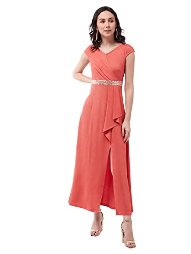 Miss Chase Women’s Coral V-Neck Raglan Sleeve Solid Embellished Maxi Jumpsuit (MCAW21D06-15-180-03,Coral,S)