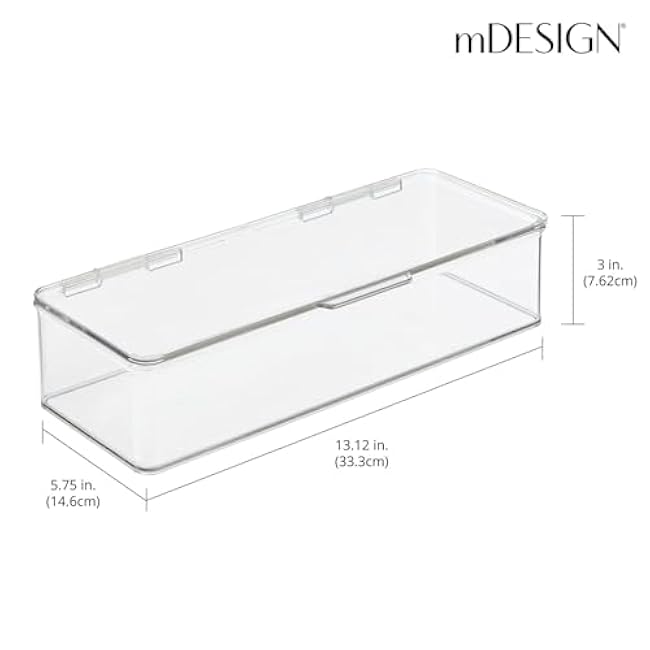 mDesign Long Plastic Kitchen Pantry/Fridge Storage Organizer Box Containers with Hinge Lid for Shelves or Cabinets, Holds Food, Snacks, Seasoning, Condiments, Flatware, Utensils, 2 Pack, Clear